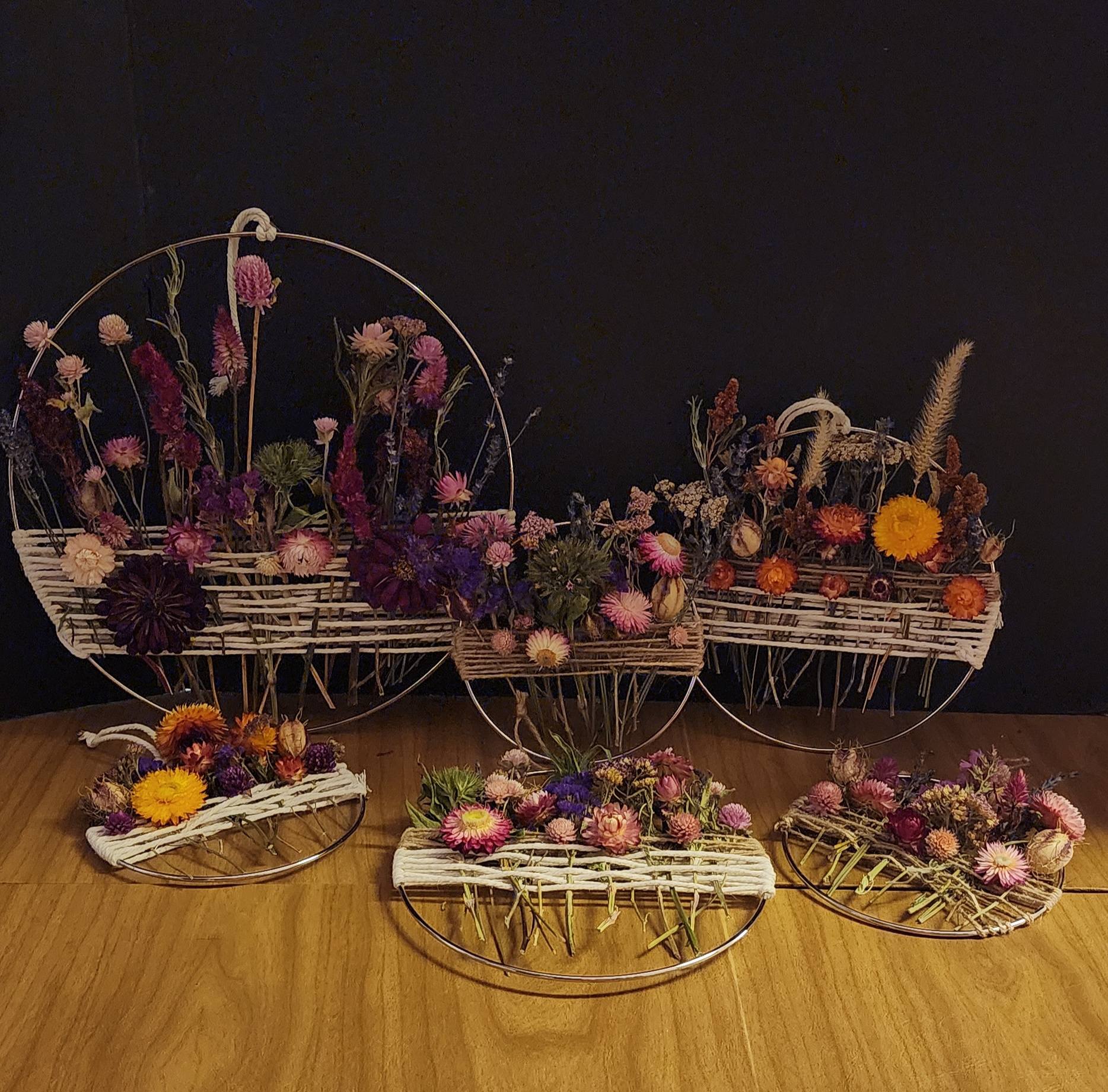 Silver hoop dried floral wall hanging – 12" – handmade boho wall art