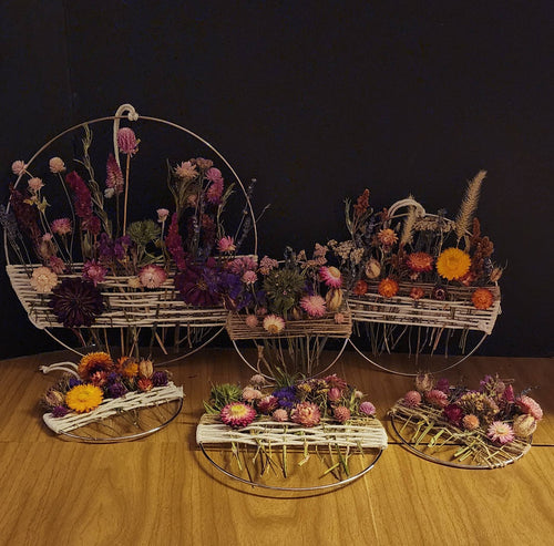 Silver hoop dried floral wall hanging – 12" – handmade boho wall art