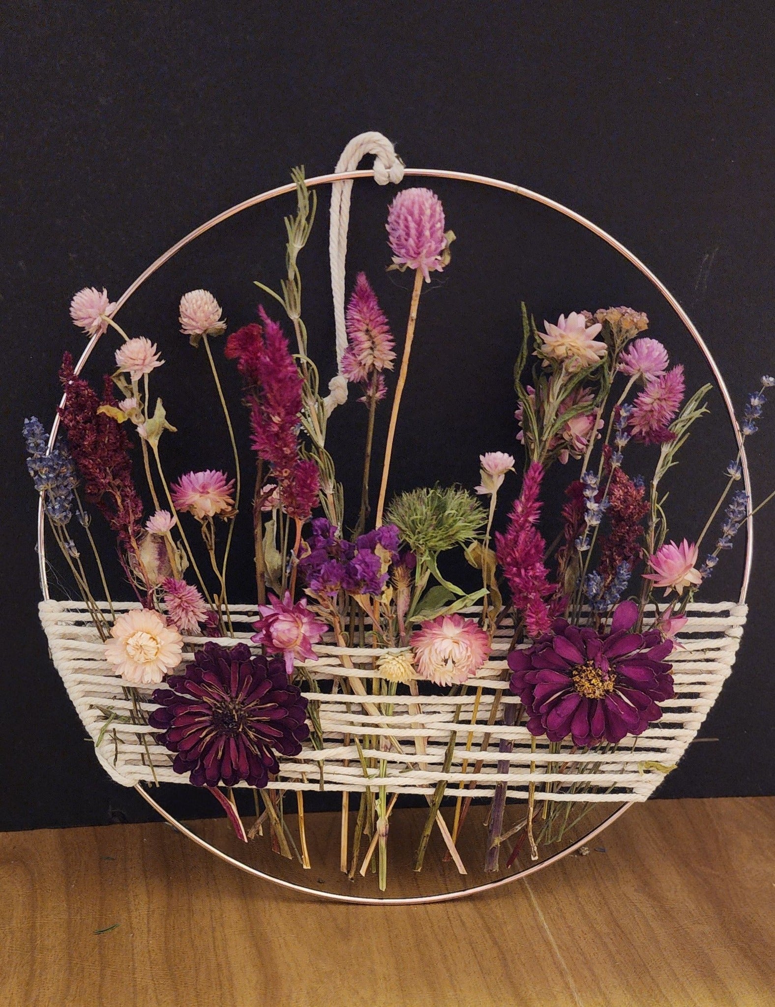 Gold hoop dried floral wall hanging – 12" – handmade boho wall art