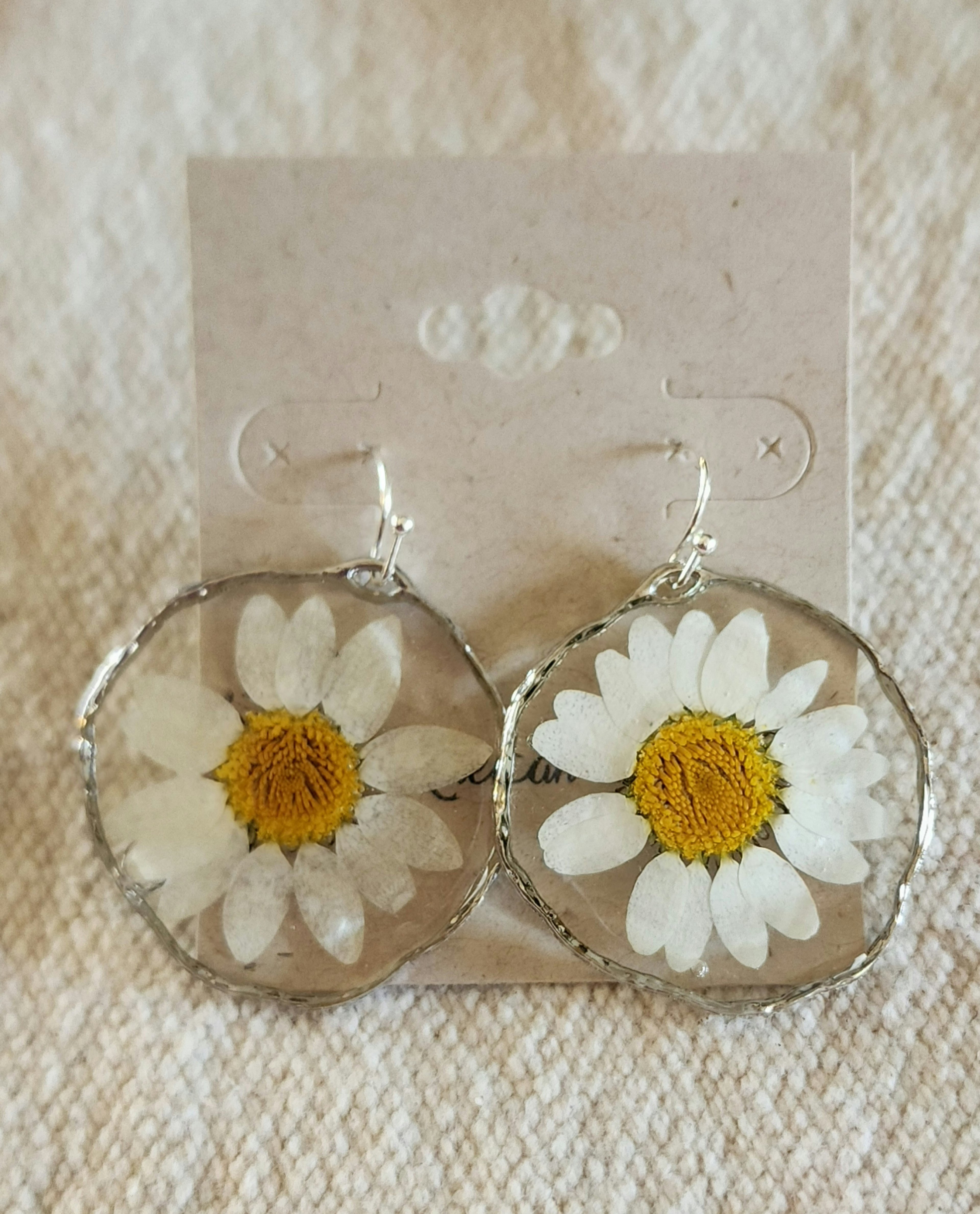 Real Daisy Resin Earrings – Gold-Tone or Silver-Tone Frames